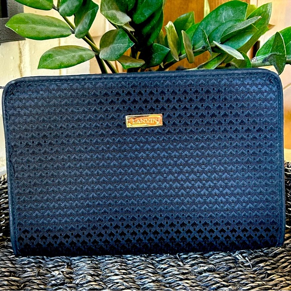 LANVIN Monogrammed Cosmetic Bag Black Zippered Pouch Clutch - Picture 1 of 5